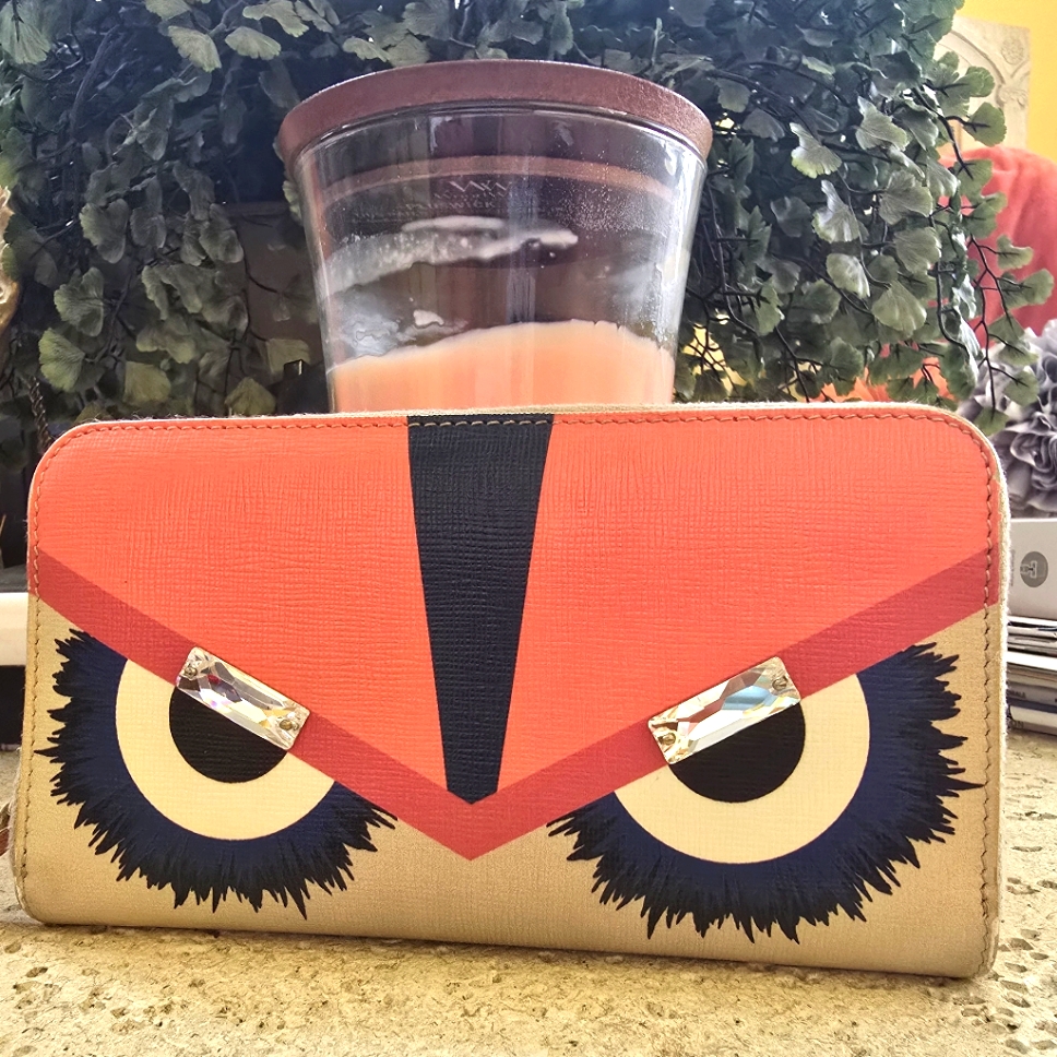 Fendi Crystal-Embellished Saffiano Bug Monster Zip Around Wallet.